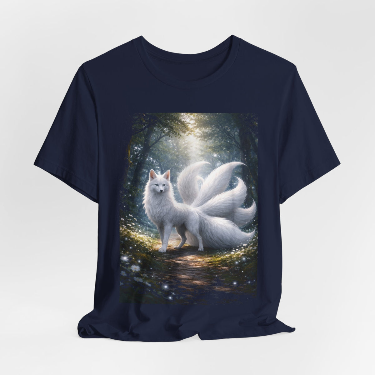 Nine-Tailed Fox Fantasy T-Shirt — Mystical White Kitsune Forest Tee
