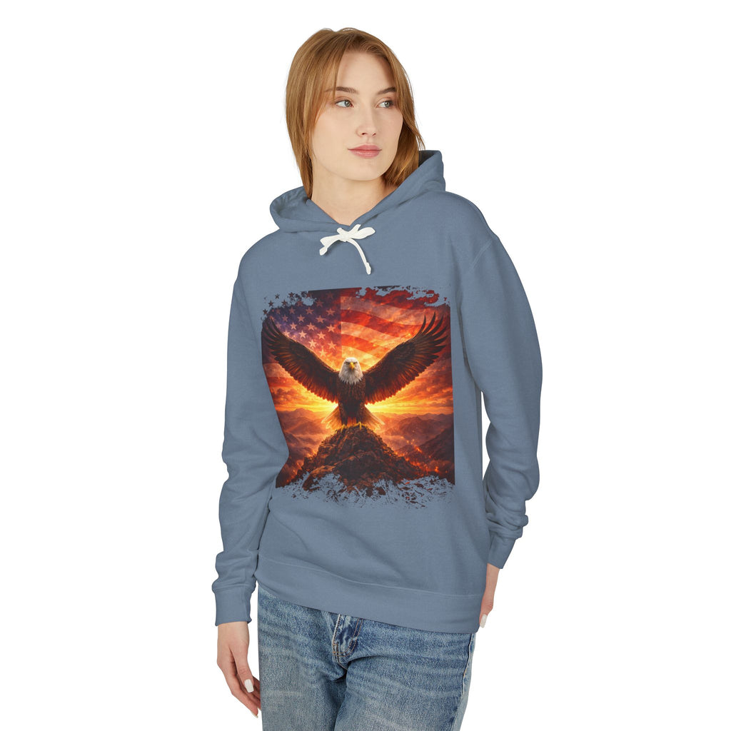 Eagle Rising Hoodie — Patriotic Bald Eagle Sunset Graphic Sweatshirt