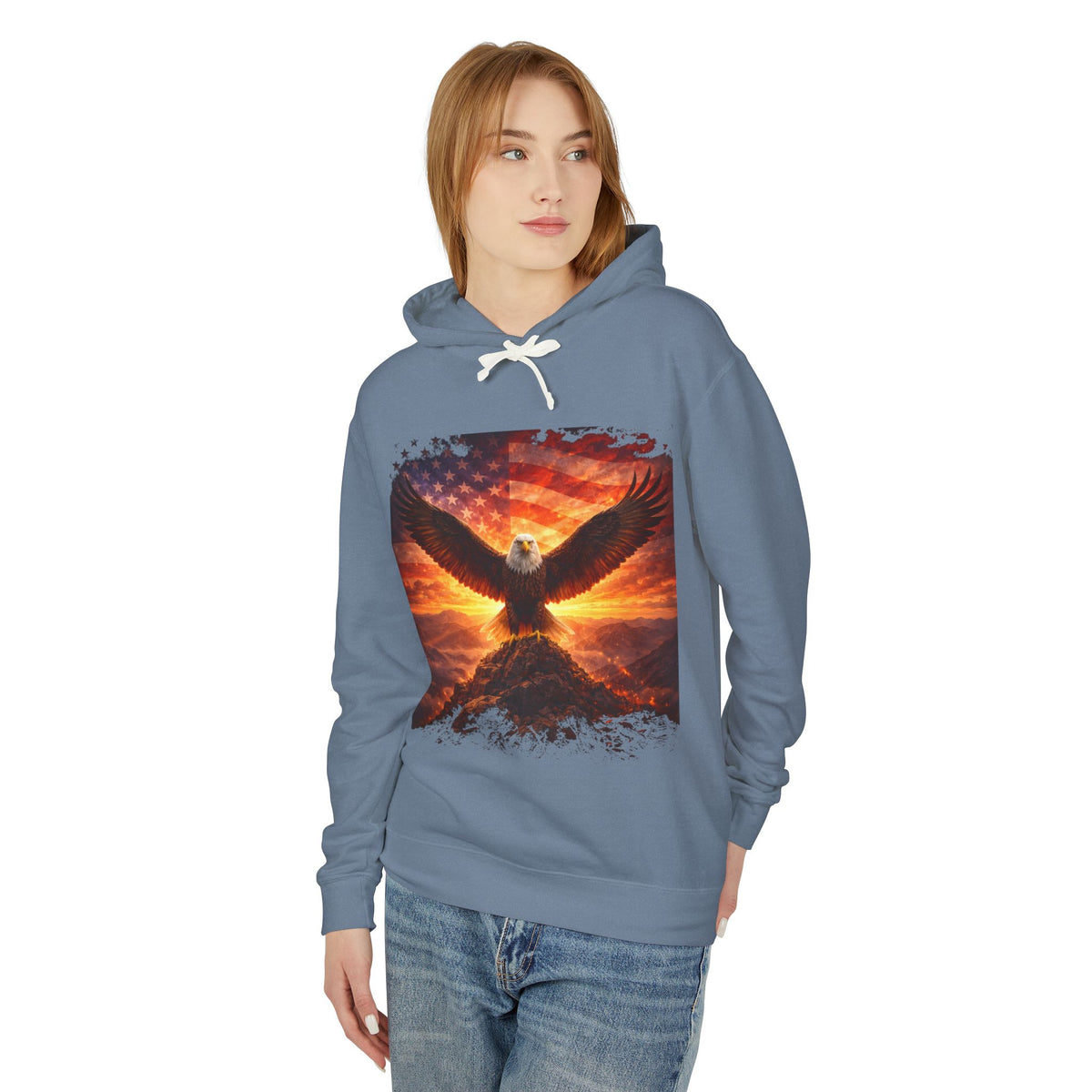 Eagle Rising Hoodie — Patriotic Bald Eagle Sunset Graphic Sweatshirt