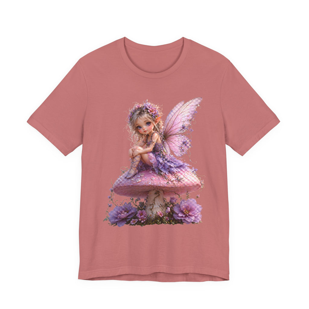 Fairy on Mushroom T-Shirt — Cute Pink Butterfly Fairy Graphic Tee for Kids & Adults
