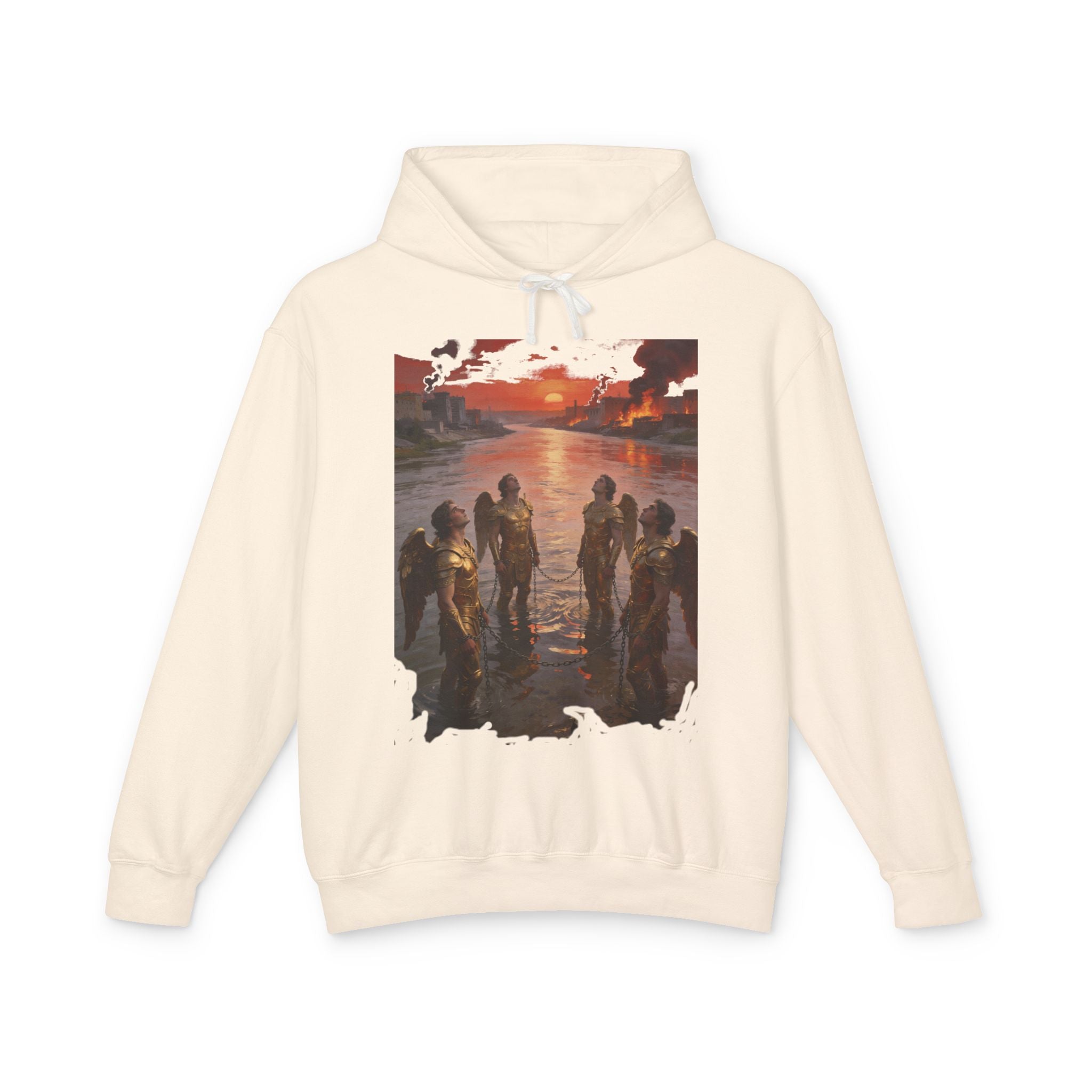 Revelation 9 reveals four fallen angels bound in the Euphrates River  Crew Hooded Sweatshirt