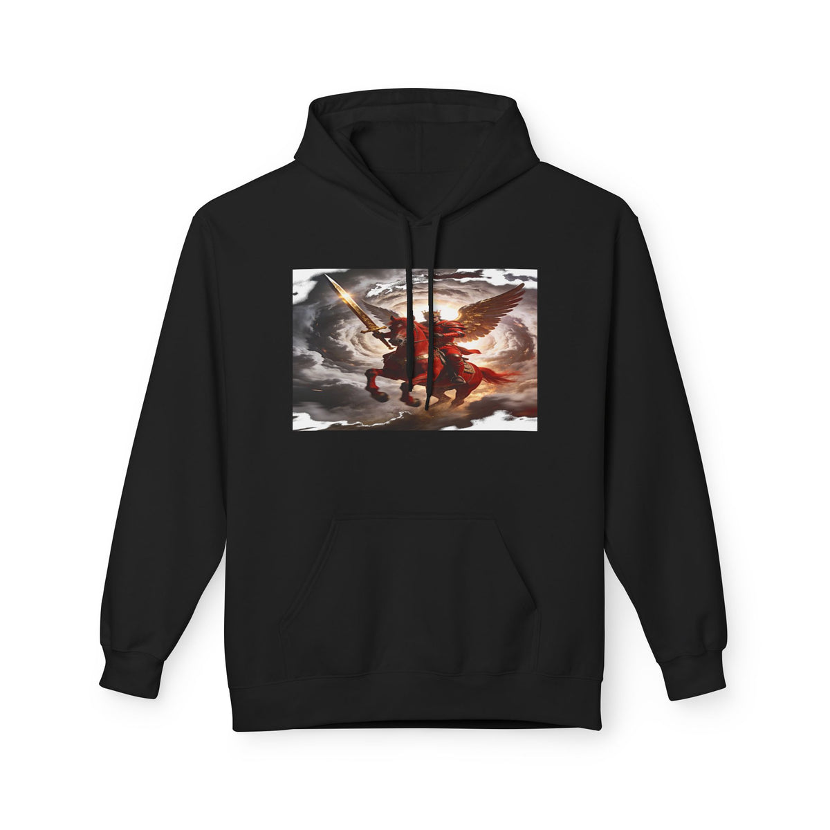 The red horse from Revelation 6:3-4 Angel Warrior Hoodie — Dramatic Archangel Battle Graphic Pullover