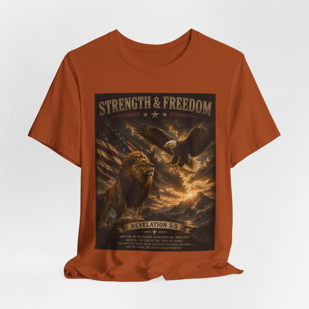 Strength & Freedom Christian Lion Tee – Revelation 5:5 Inspirational Graphic T-Shirt