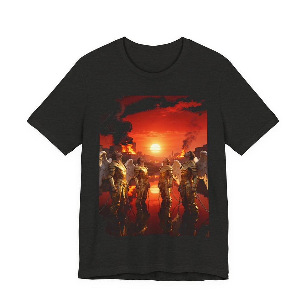 Revelation 9 reveals four fallen angels bound in the Euphrates River, awaiting God’s appointed time to bring judgment.Tee