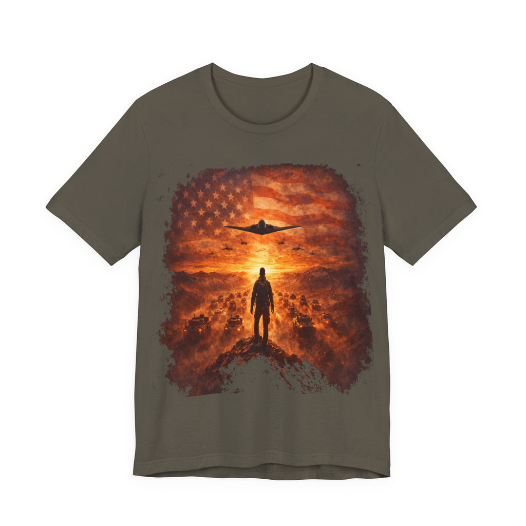 USA-Military Aviation T-Shirt — Bomber Silhouette with American Flag Sunset