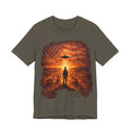 USA-Military Aviation T-Shirt — Bomber Silhouette with American Flag Sunset