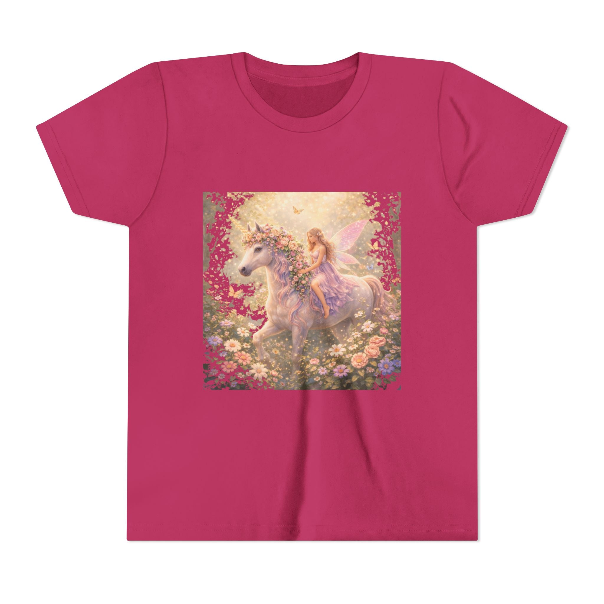 Youth Tee — Magical Fairy Riding Unicorn in Floral Garden Kids Shirt
