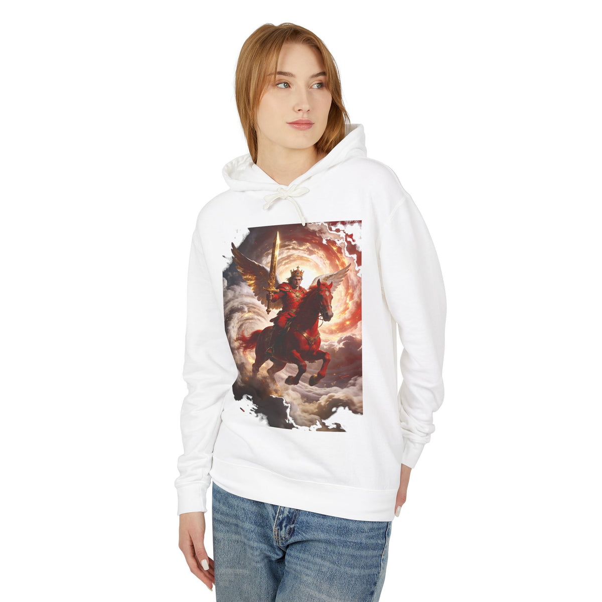The red horse from Revelation 6:3-4-Angel Knight Hoodie — Celestial Warrior Horse Graphic Sweatshirt