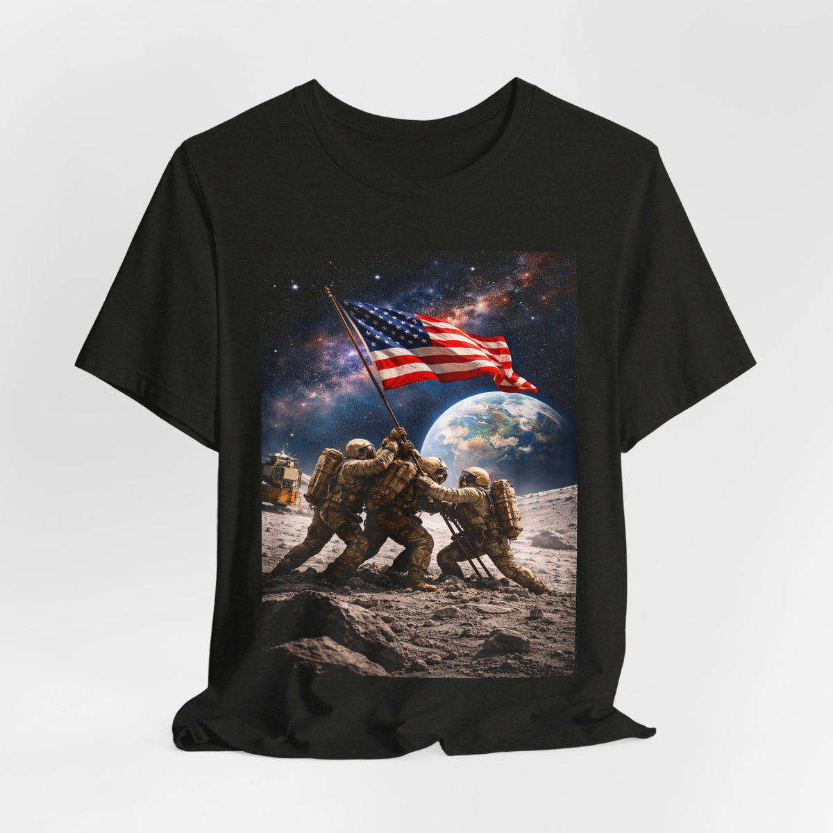 Patriotic Moon Landing Tee — Soldiers Raising American Flag Graphic T-Shirt
