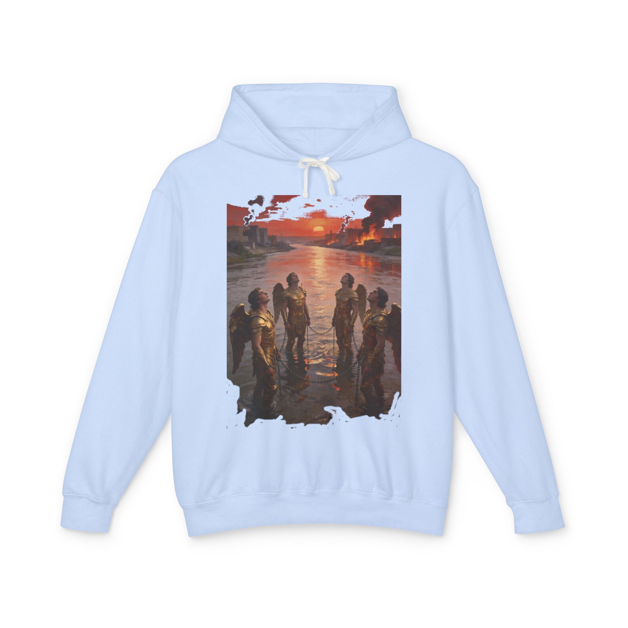 Revelation 9 reveals four fallen angels bound in the Euphrates River  Crew Hooded Sweatshirt