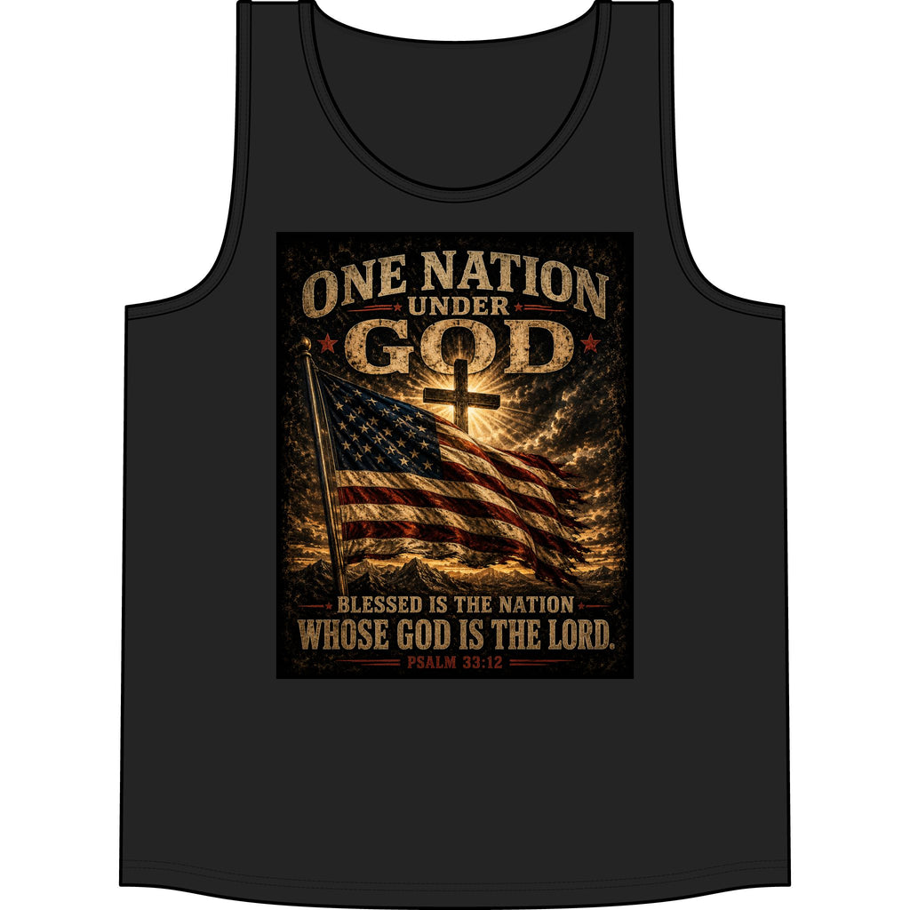 Patriotic "One Nation Under God" Tank Top — American Flag Psalm 33:12 Christian Graphic Tank