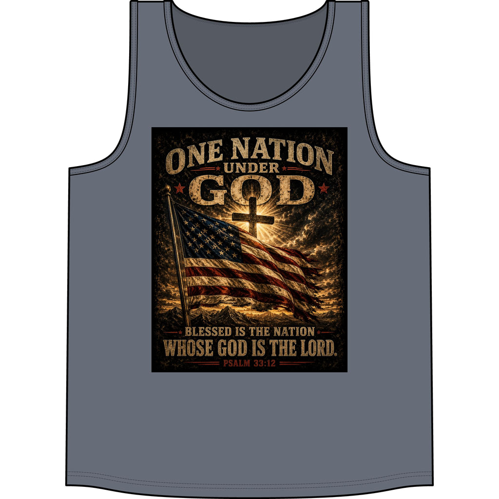 Patriotic "One Nation Under God" Tank Top — American Flag Psalm 33:12 Christian Graphic Tank