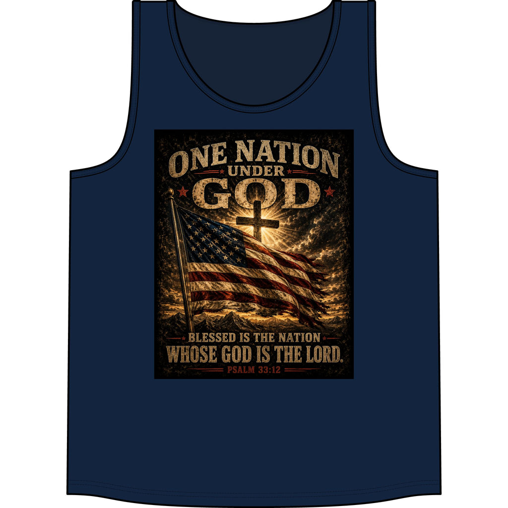 Patriotic "One Nation Under God" Tank Top — American Flag Psalm 33:12 Christian Graphic Tank