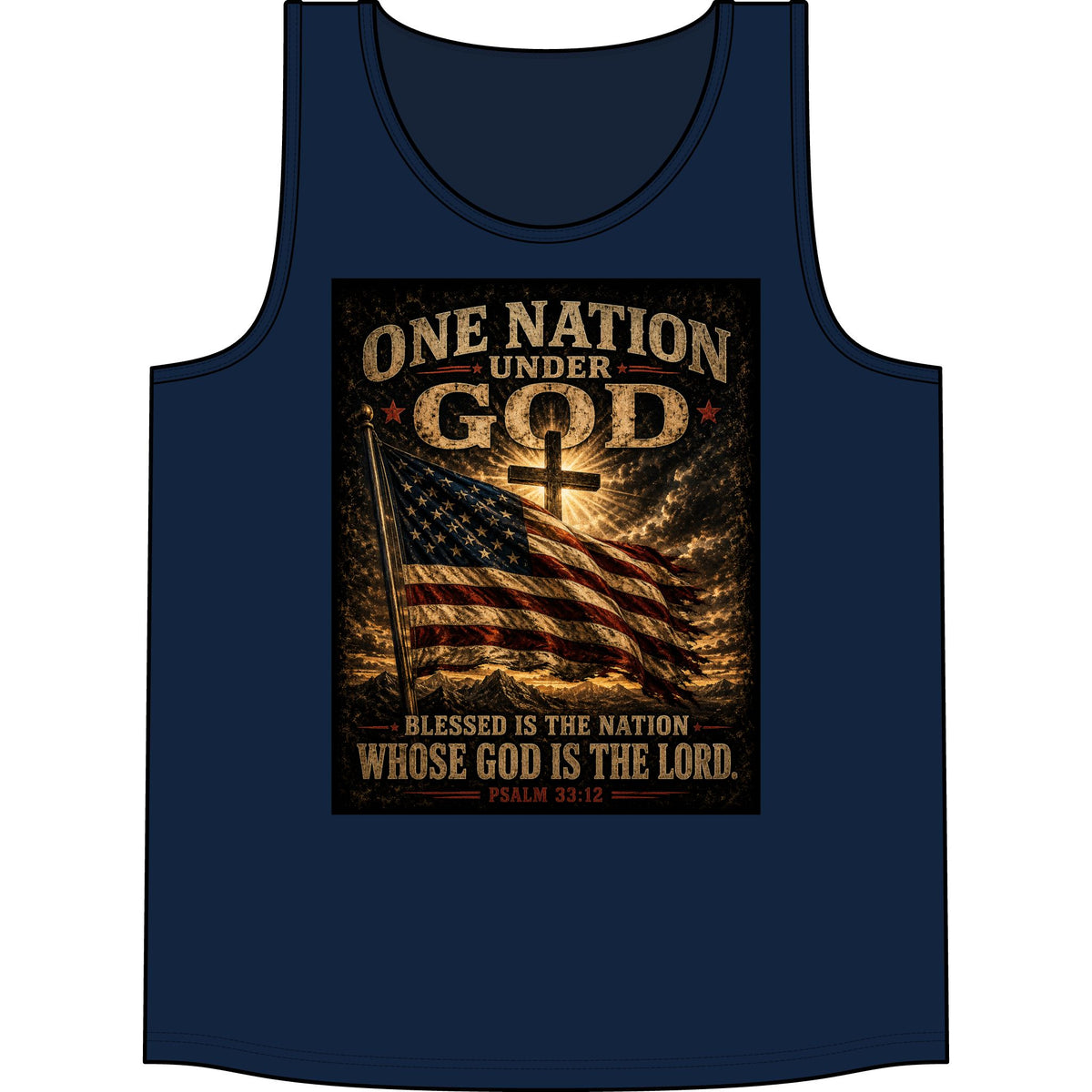 Patriotic "One Nation Under God" Tank Top — American Flag Psalm 33:12 Christian Graphic Tank