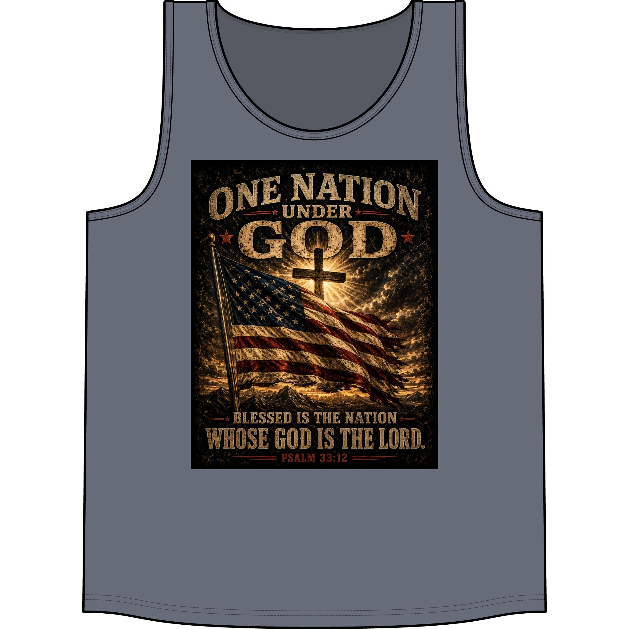 Patriotic "One Nation Under God" Tank Top — American Flag Psalm 33:12 Christian Graphic Tank