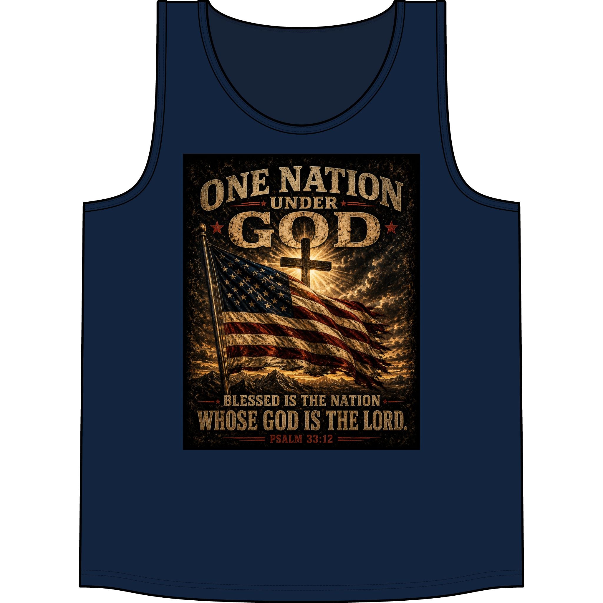 Patriotic "One Nation Under God" Tank Top — American Flag Psalm 33:12 Christian Graphic Tank