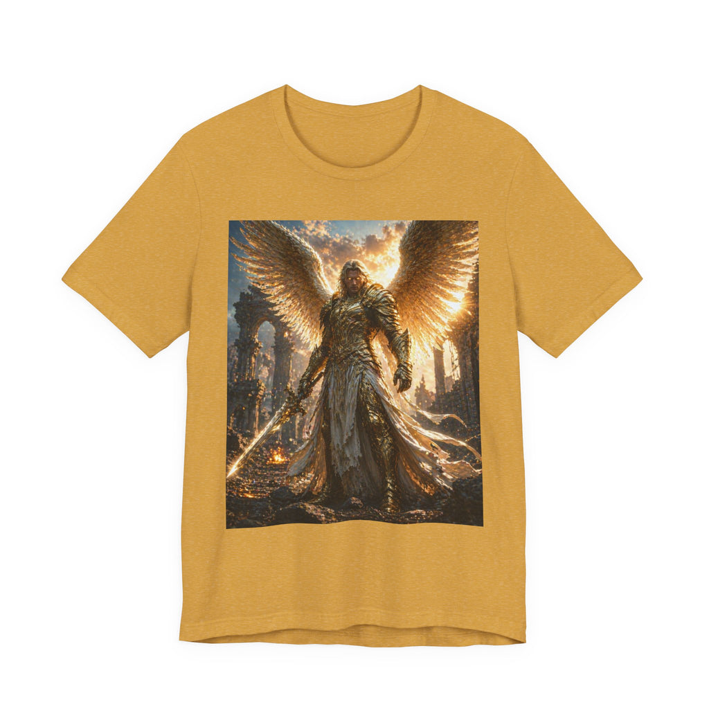 Angel Warrior Graphic Tee — Golden Archangel Battle Scene T-Shirt