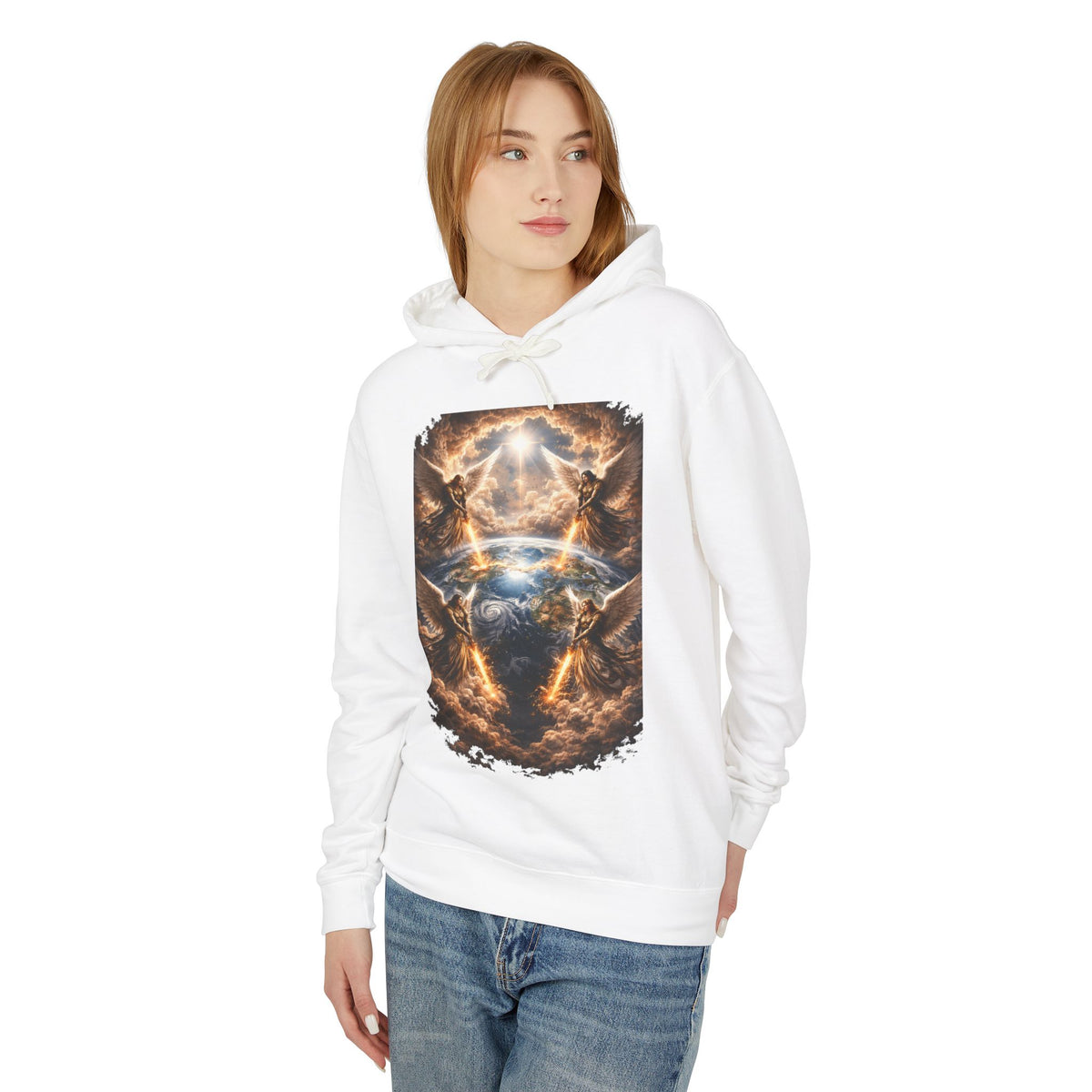 Revelation 7:1 Four angels standing on the four corners of the earth as seen from heaven Apocalyptic Earth Graphic Hoodie — Cosmic Storms, Lightning & Angelic Light