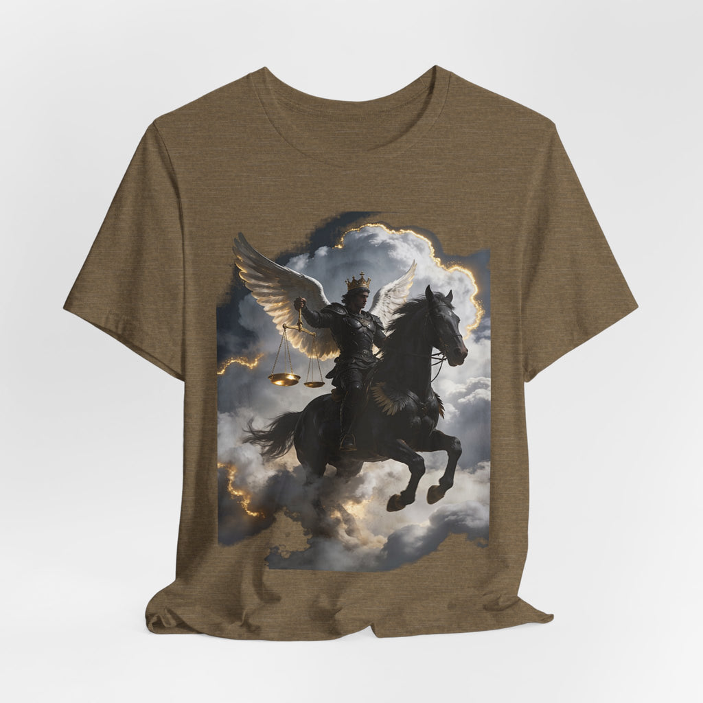 Revelation 6:5-6! And on the horse was a rider with wings as an angle dress as an warrior in black holding a golden a pair of scalesT‑Shirt — Winged Knight Graphic Tee