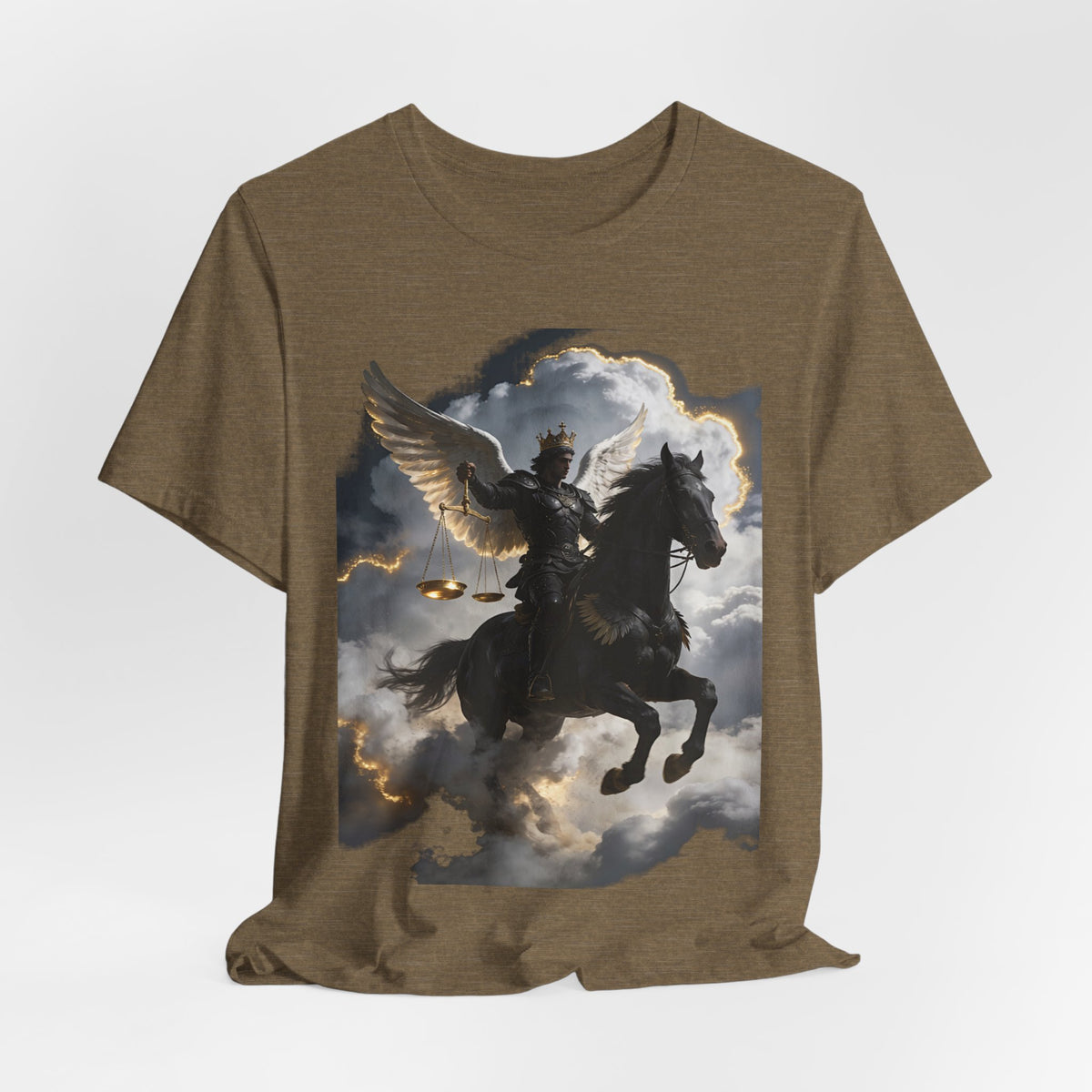 Revelation 6:5-6! And on the horse was a rider with wings as an angle dress as an warrior in black holding a golden a pair of scalesT‑Shirt — Winged Knight Graphic Tee