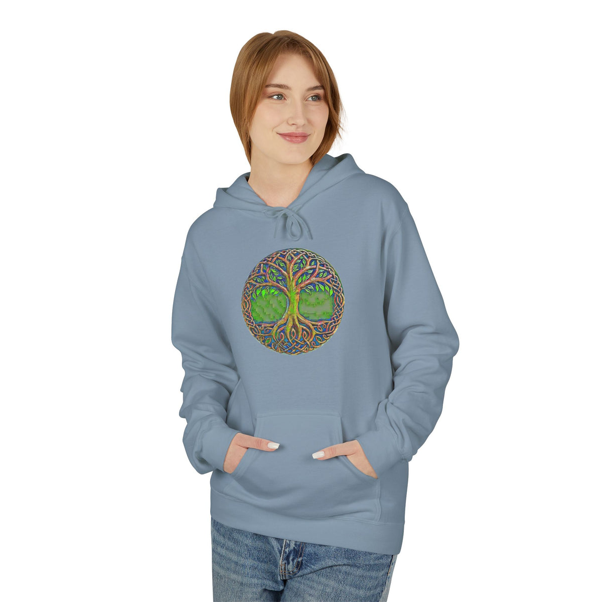 Yggdrasil, the Tree of Life Cotton Hoodie — Green Nature Mandala Pullover
