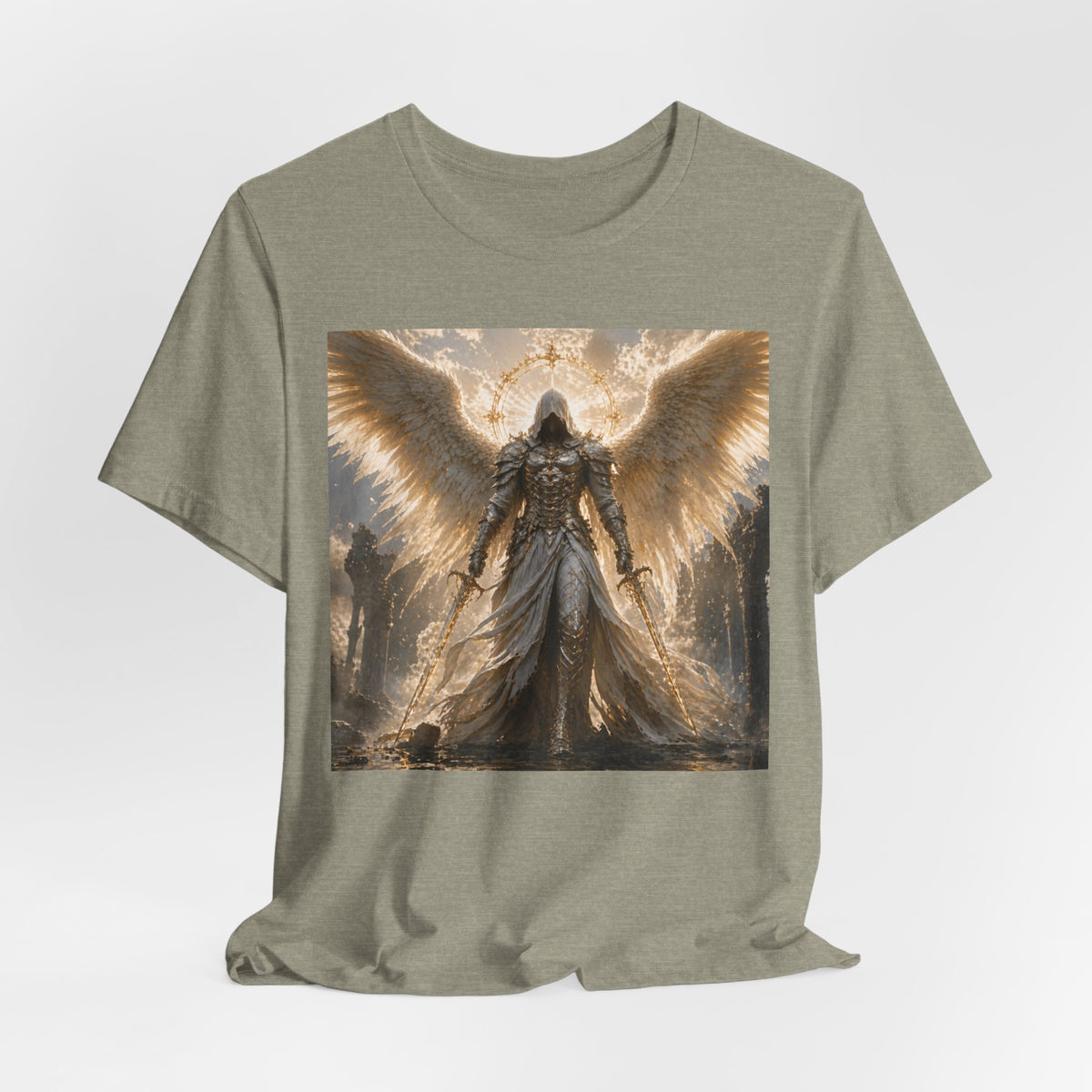 Angel Warrior Graphic Tee — Gold Guardian Wings T-Shirt