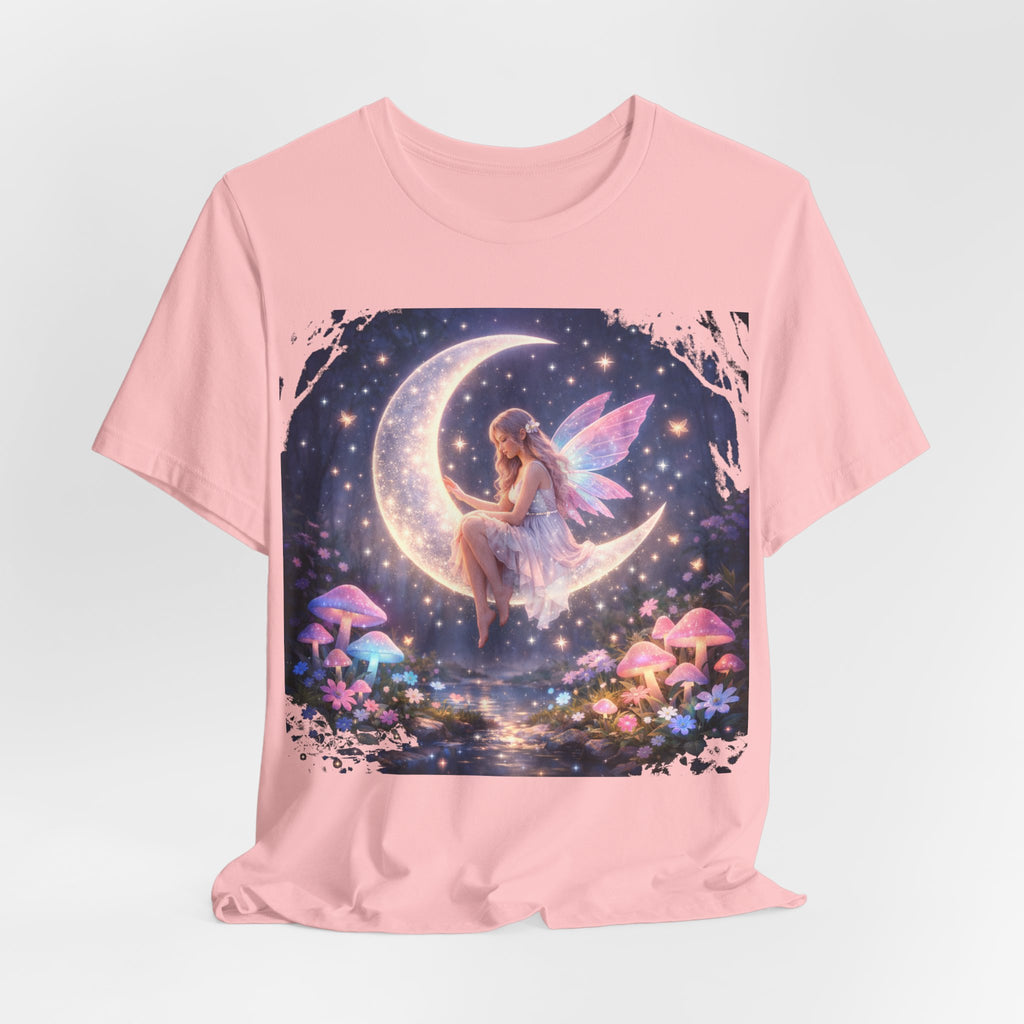 Fairy on the Moon T‑Shirt — Dreamy Fantasy Night Tee with Fairy and Mushrooms