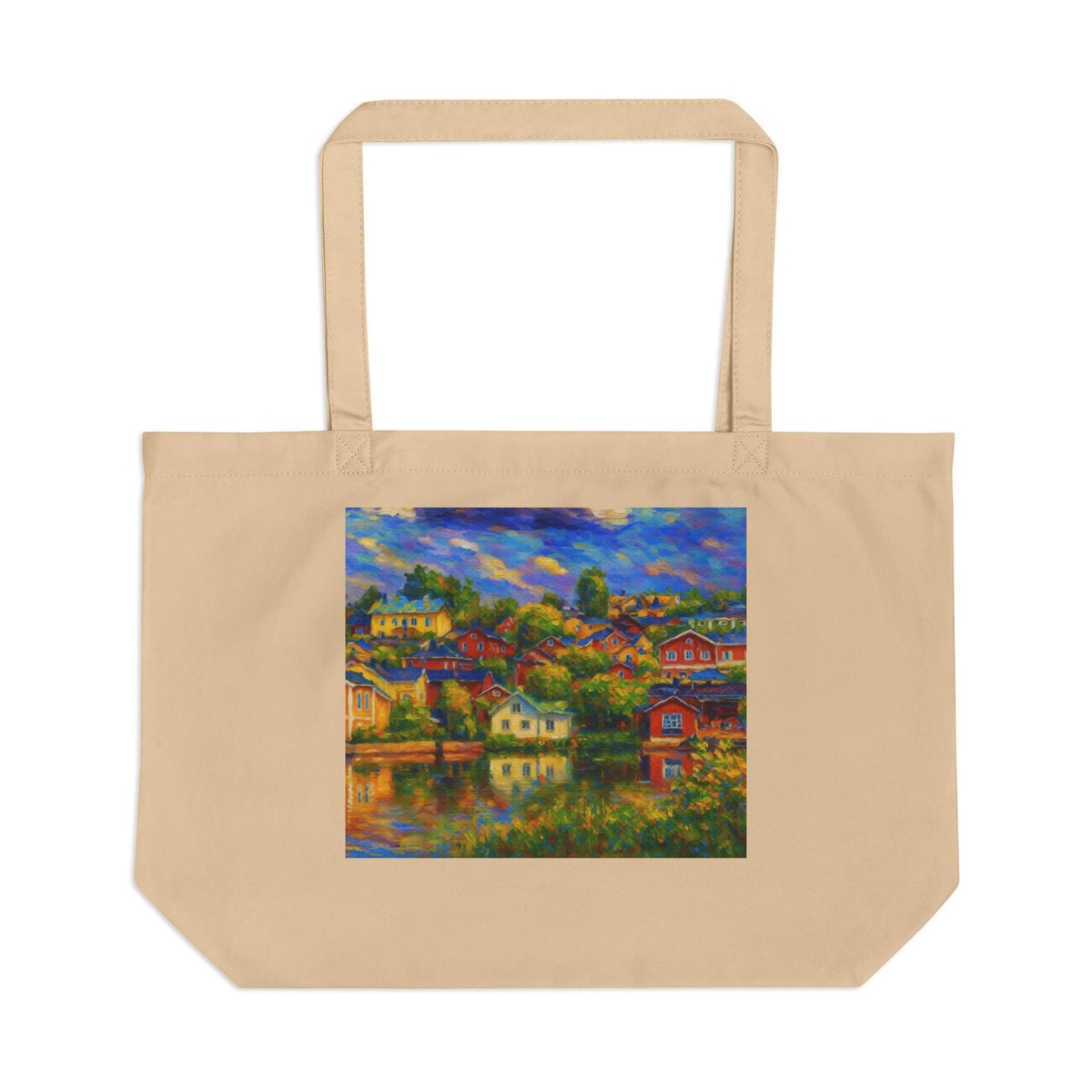 Canvas Tote with Colorful Coastal Village Painting — Large Eco Tote