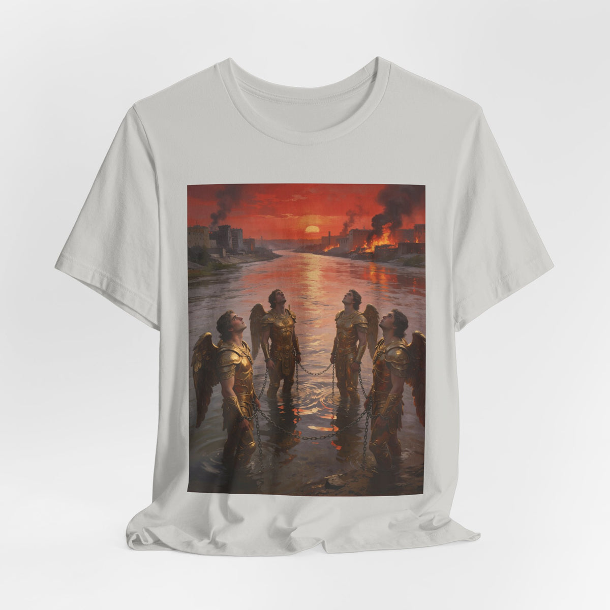Revelation 9 reveals four fallen angels bound in the Euphrates River, awaiting God’s appointed time to bring judgment. T-Shirt
