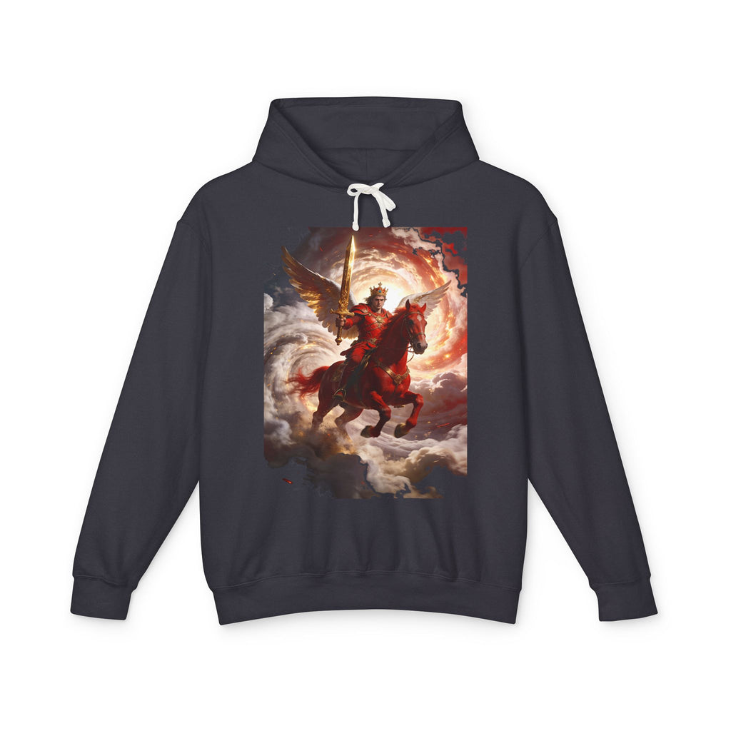 The red horse from Revelation 6:3-4-Angel Knight Hoodie — Celestial Warrior Horse Graphic Sweatshirt