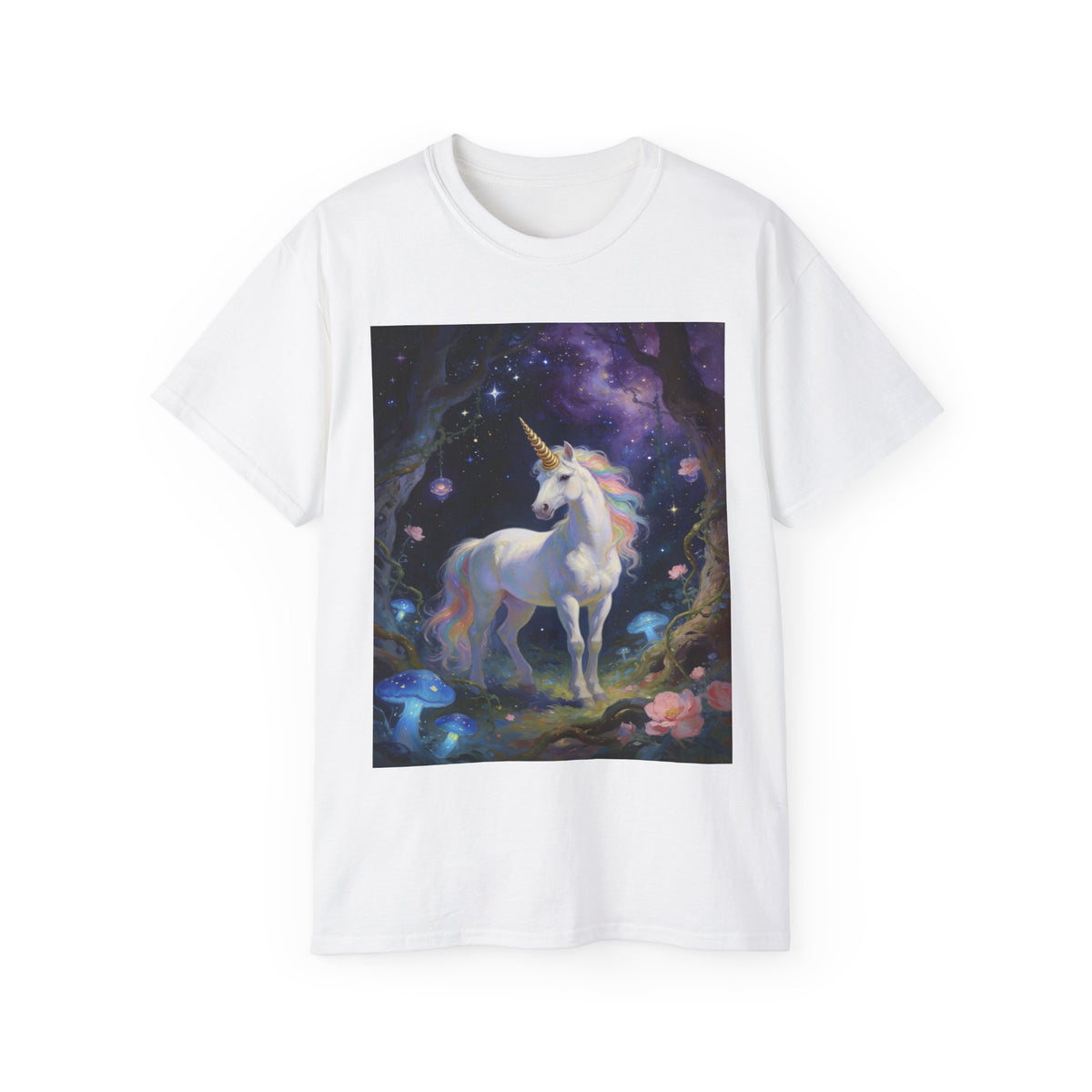 Unicorn Fantasy Cotton T‑Shirt — Enchanted Night Forest Graphic Tee