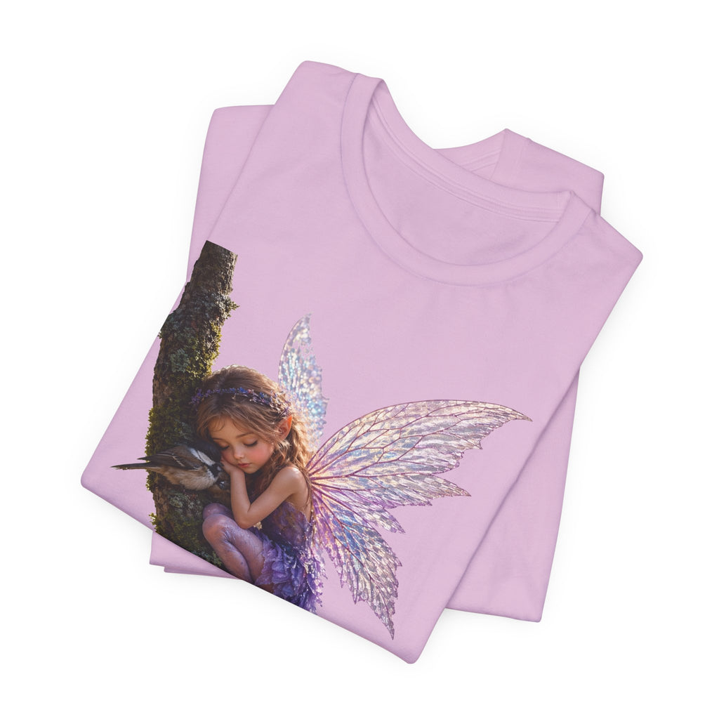 Fairy Sleeping on Branch T-Shirt — Magical Purple Fairy Tee for Women & Girls