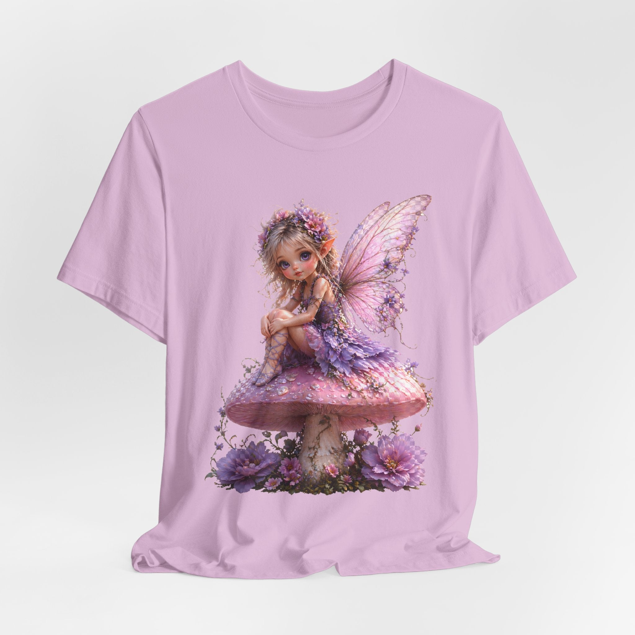 Fairy on Mushroom T-Shirt — Cute Pink Butterfly Fairy Graphic Tee for Kids & Adults