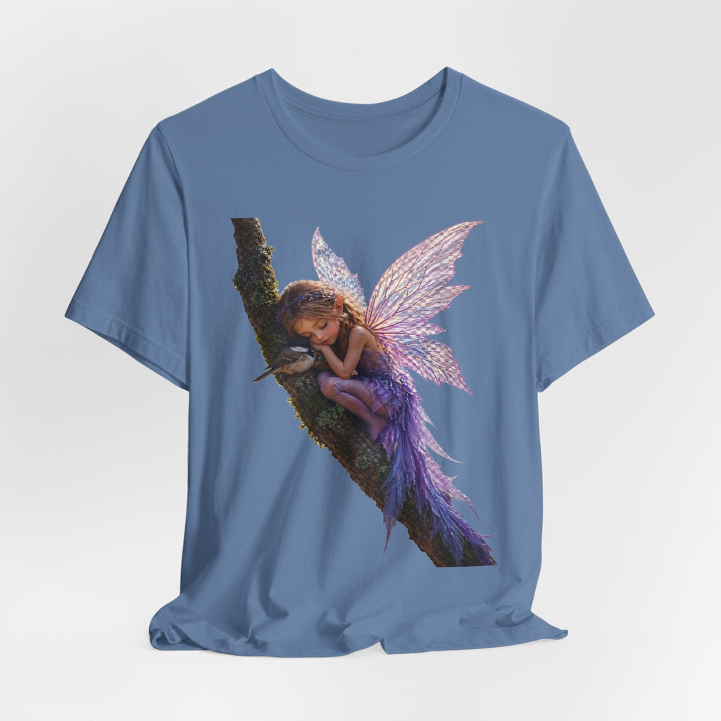 Fairy Sleeping on Branch T-Shirt — Magical Purple Fairy Tee for Women & Girls