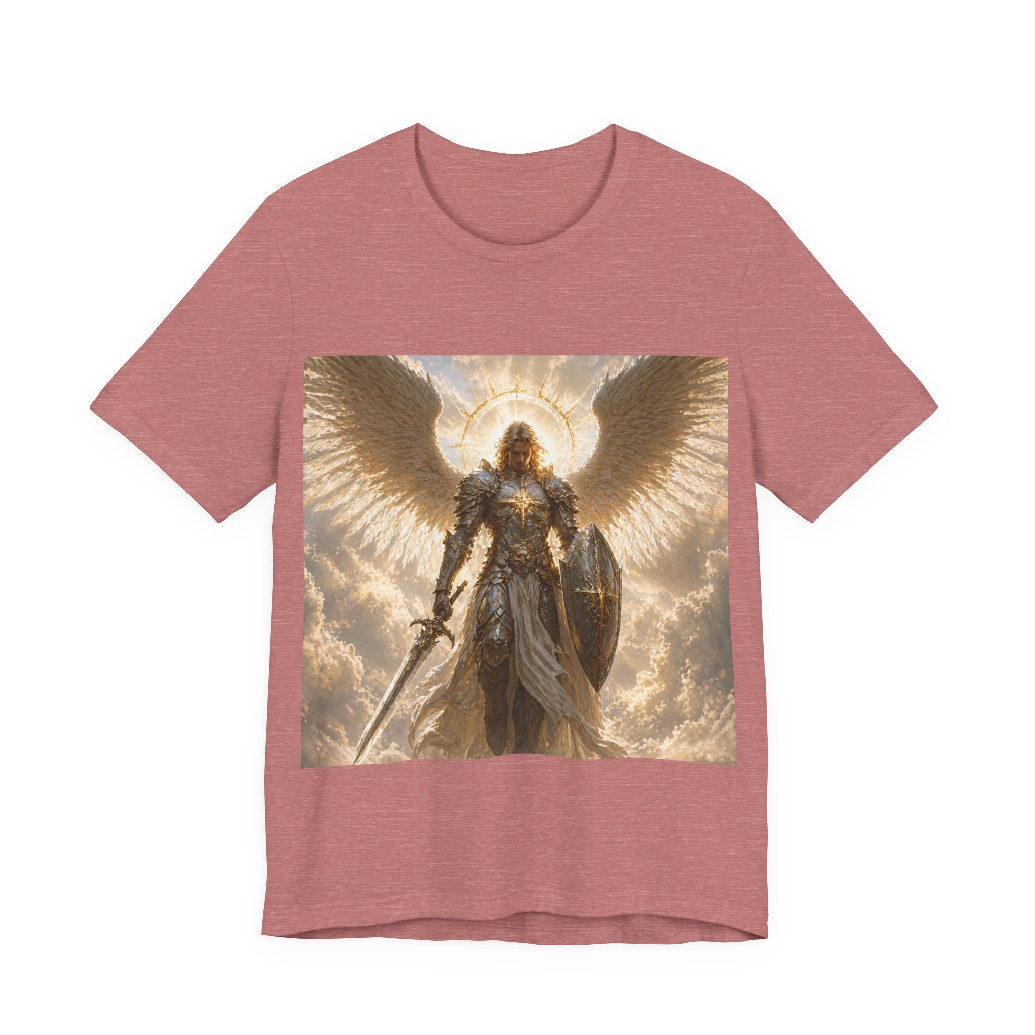 Archangel Warrior Graphic Tee — Golden Angel with Sword & Shield