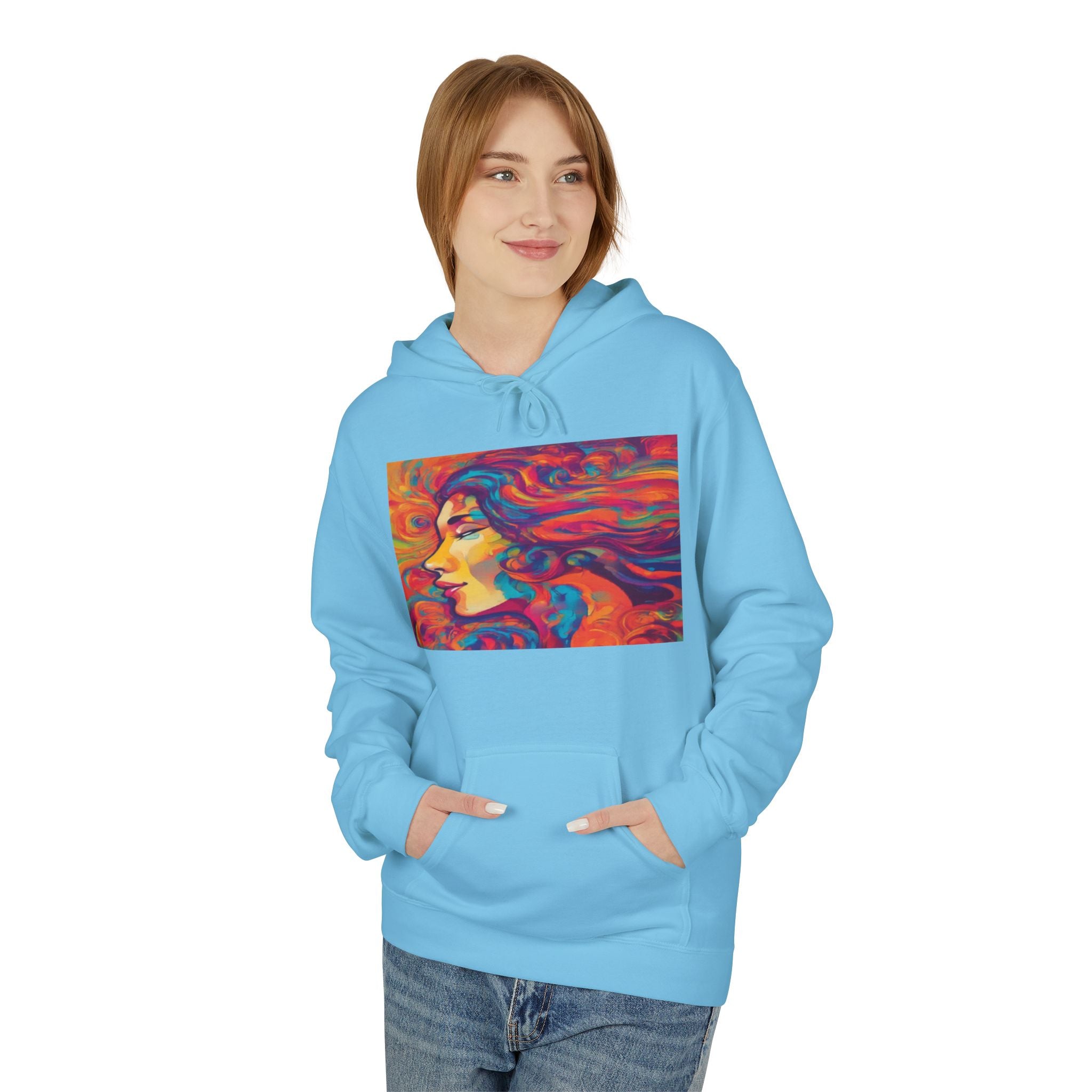 Colorful 1970s Psychedelic Woman Portrait Hoodie — Vibrant Retro Art Pullover