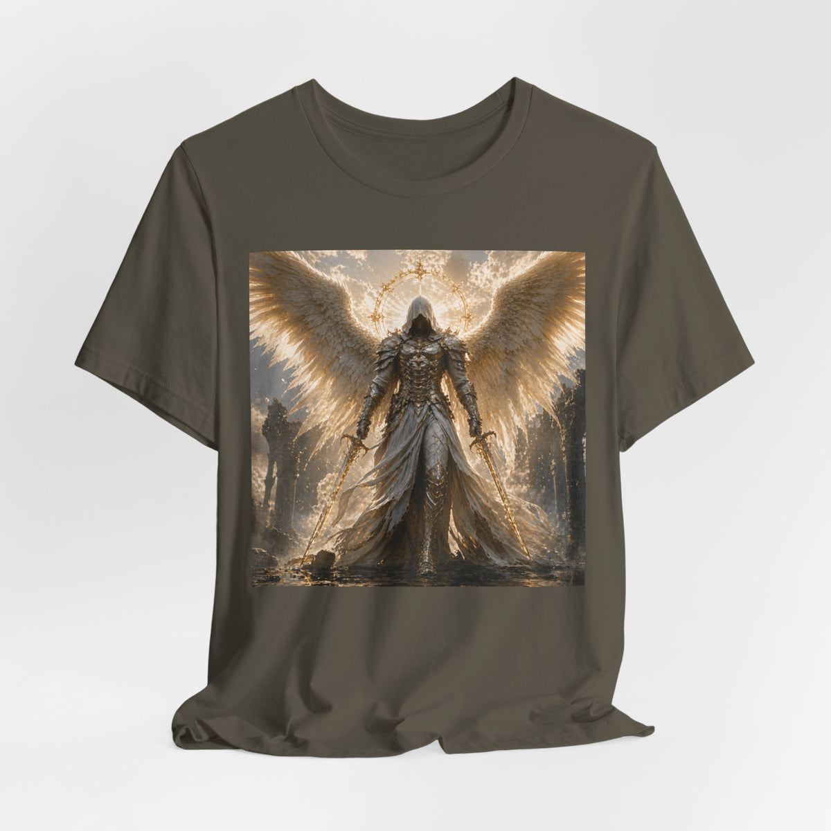 Angel Warrior Graphic Tee — Gold Guardian Wings T-Shirt
