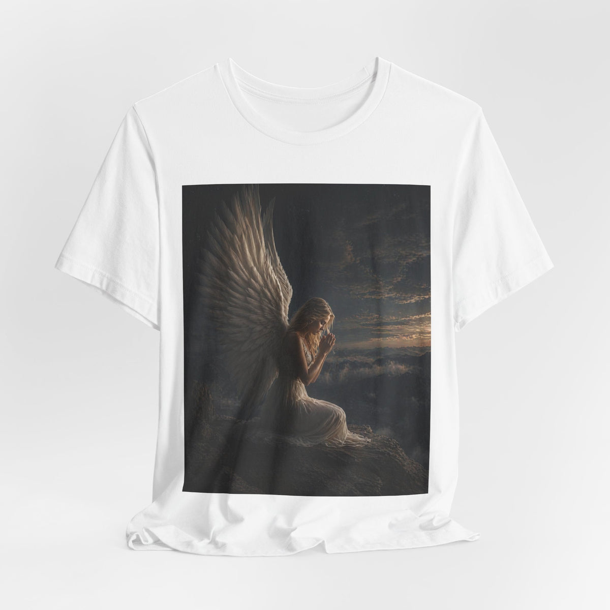 Angel Prayer Graphic Tee — Serene Winged Angel Shirt for Spiritual & Memorial Comfort