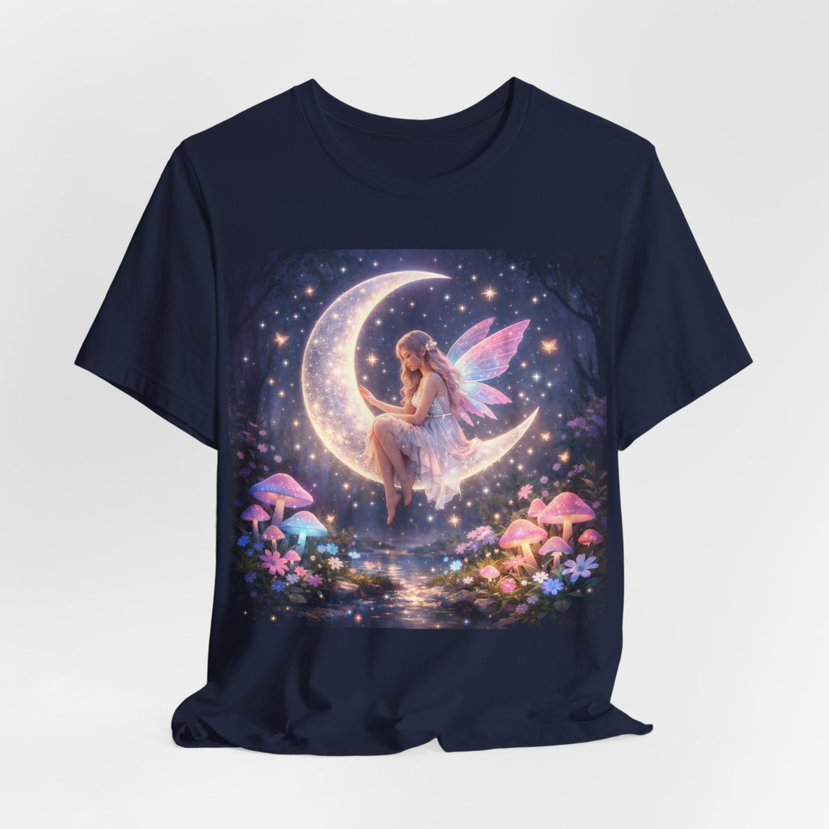Fairy on the Moon T‑Shirt — Dreamy Fantasy Night Tee with Fairy and Mushrooms