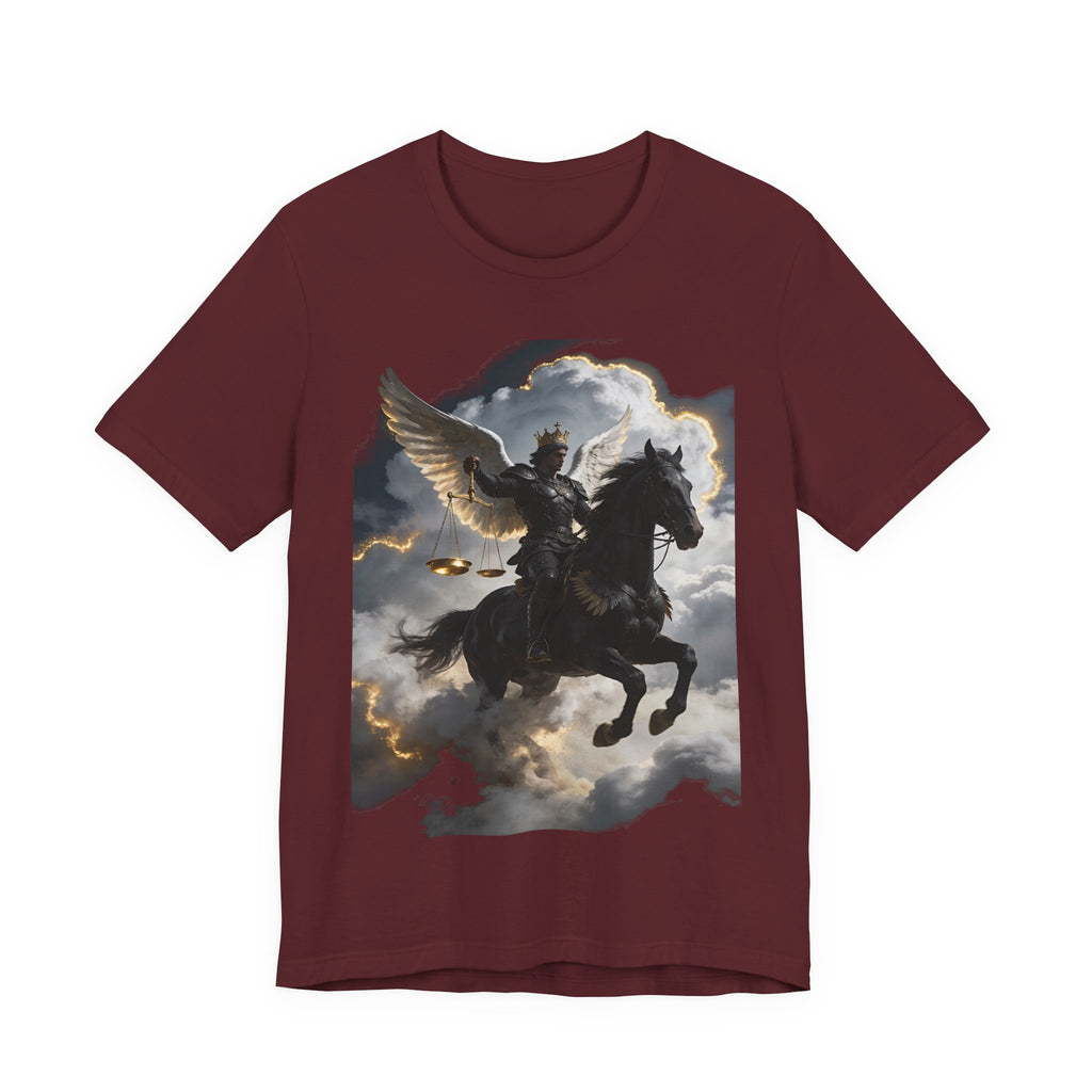 Revelation 6:5-6! And on the horse was a rider with wings as an angle dress as an warrior in black holding a golden a pair of scalesT‑Shirt — Winged Knight Graphic Tee