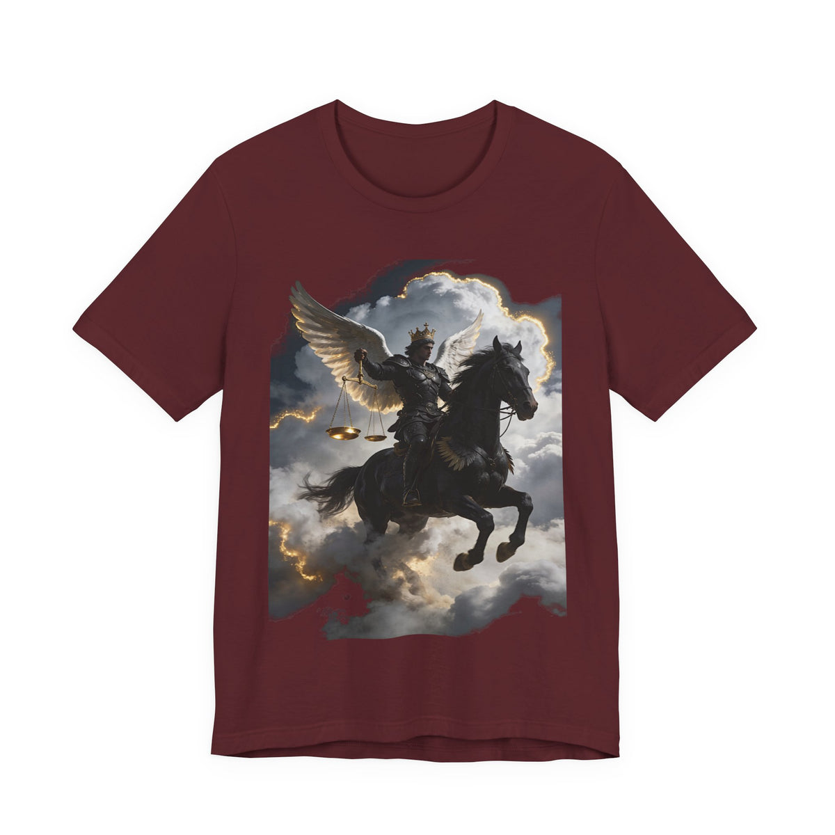 Revelation 6:5-6! And on the horse was a rider with wings as an angle dress as an warrior in black holding a golden a pair of scalesT‑Shirt — Winged Knight Graphic Tee