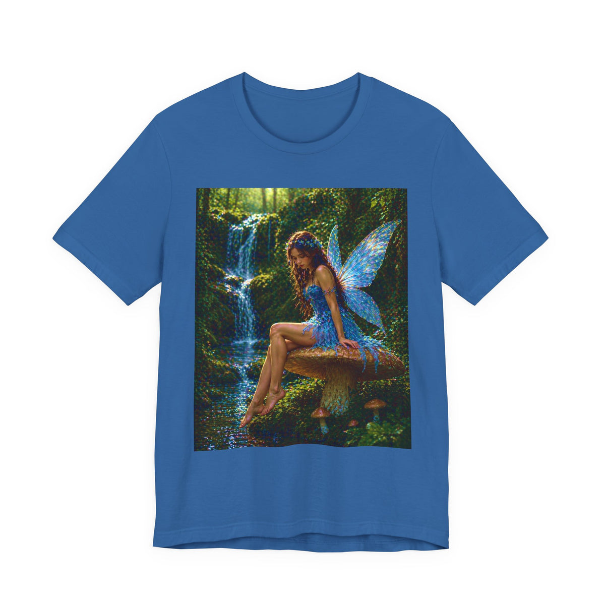 Fairy Forest T-Shirt — Enchanted Blue Fairy Sitting by Waterfall