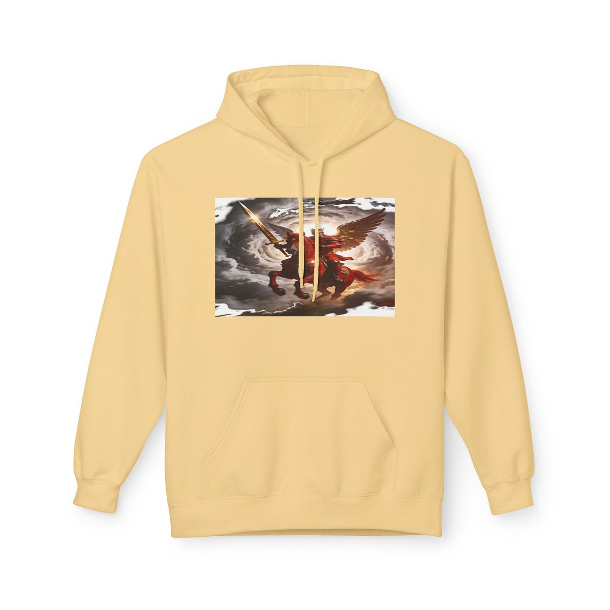 The red horse from Revelation 6:3-4 Angel Warrior Hoodie — Dramatic Archangel Battle Graphic Pullover