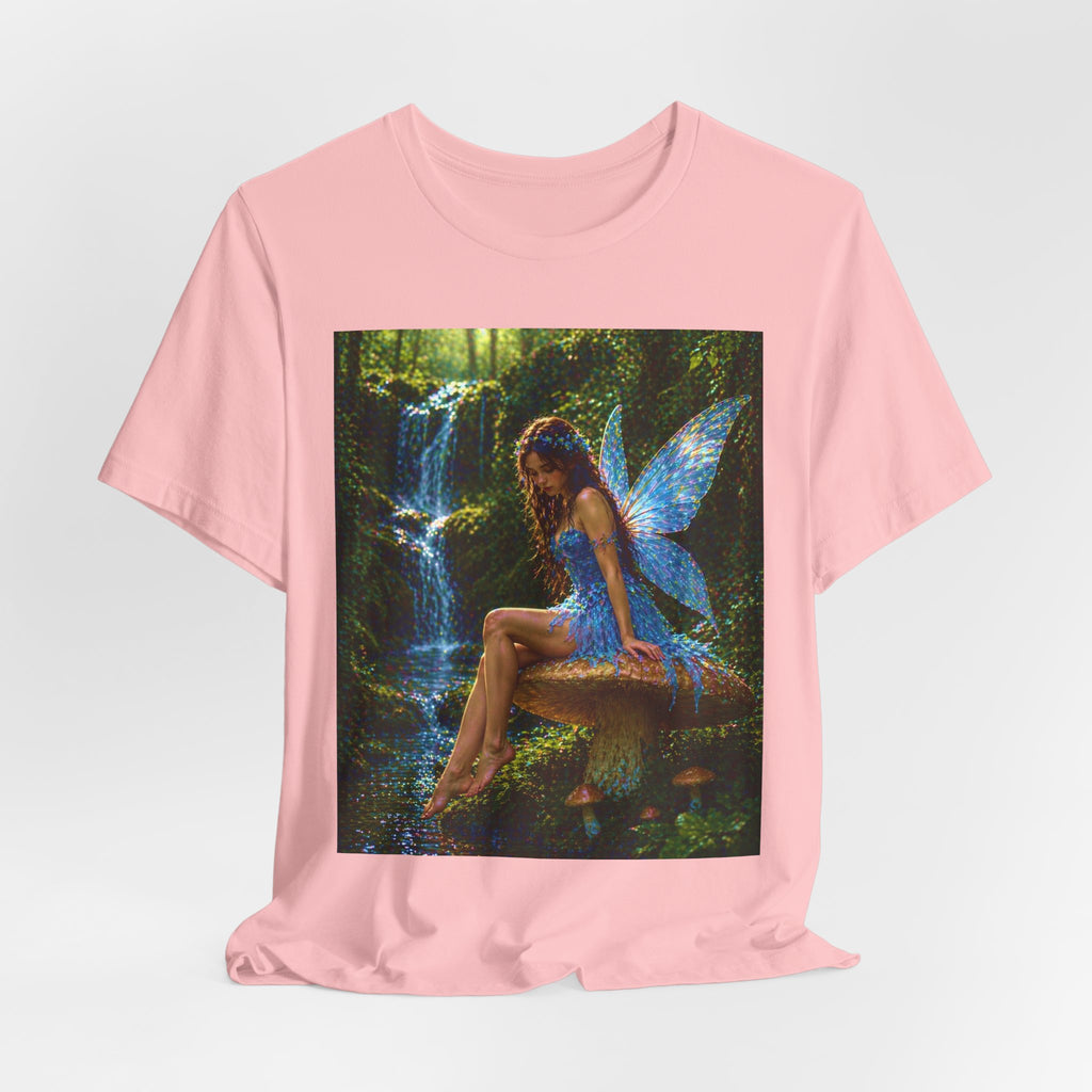 Fairy Forest T-Shirt — Enchanted Blue Fairy Sitting by Waterfall