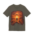 USA-Military Aviation T-Shirt — Bomber Silhouette with American Flag Sunset