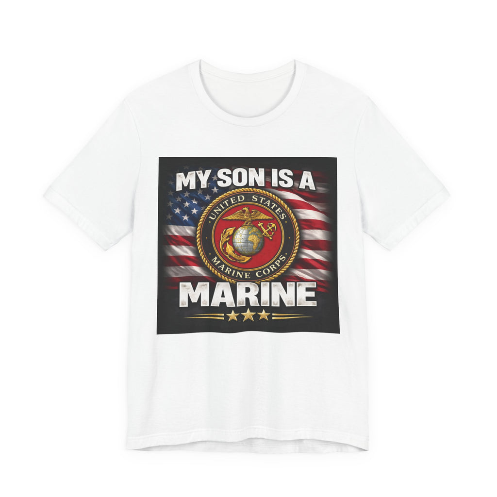 Marine Pride T-Shirt — "My Son Is A Marine" American Flag Emblem