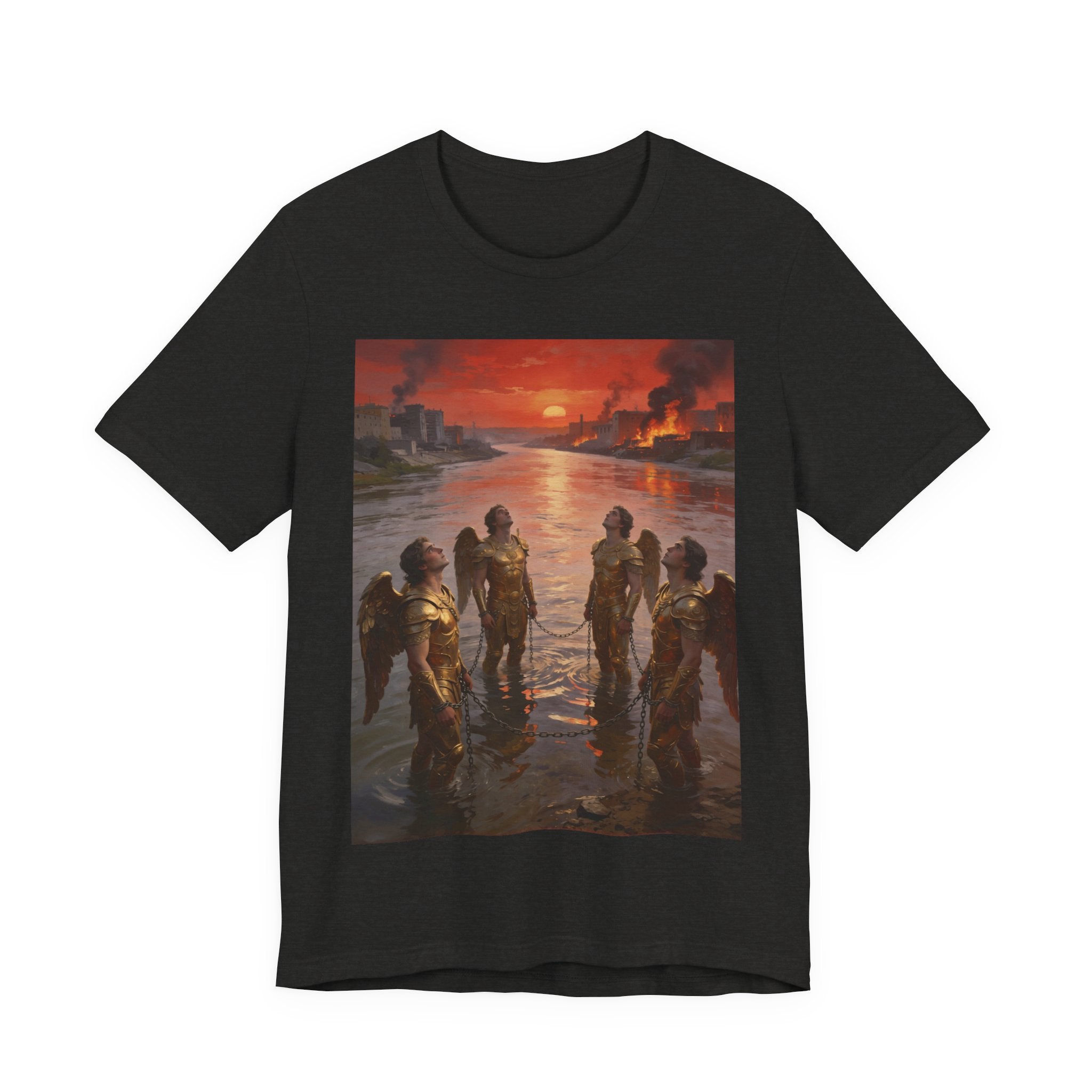 Revelation 9 reveals four fallen angels bound in the Euphrates River, awaiting God’s appointed time to bring judgment. T-Shirt