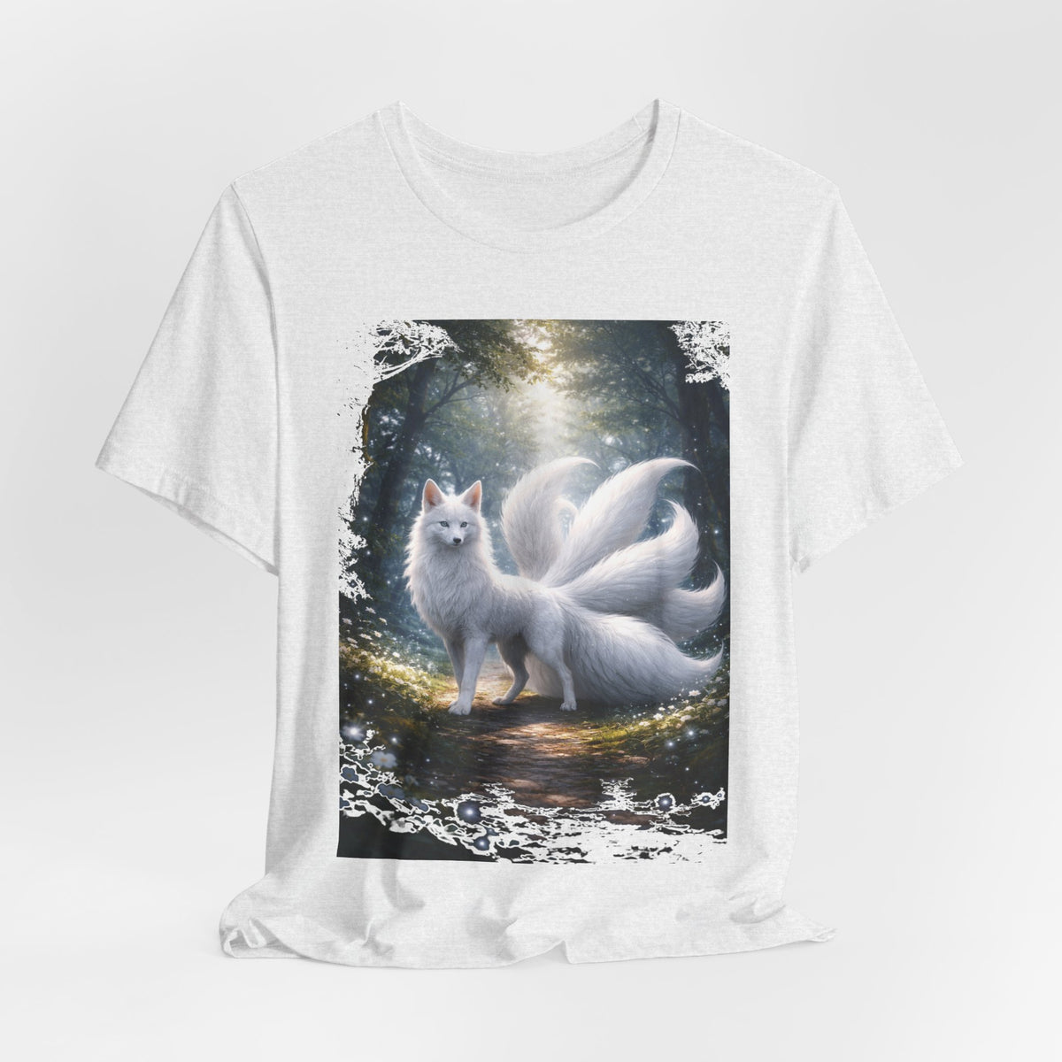 Nine-Tailed Fox Fantasy T-Shirt — Mystical White Kitsune Forest Tee