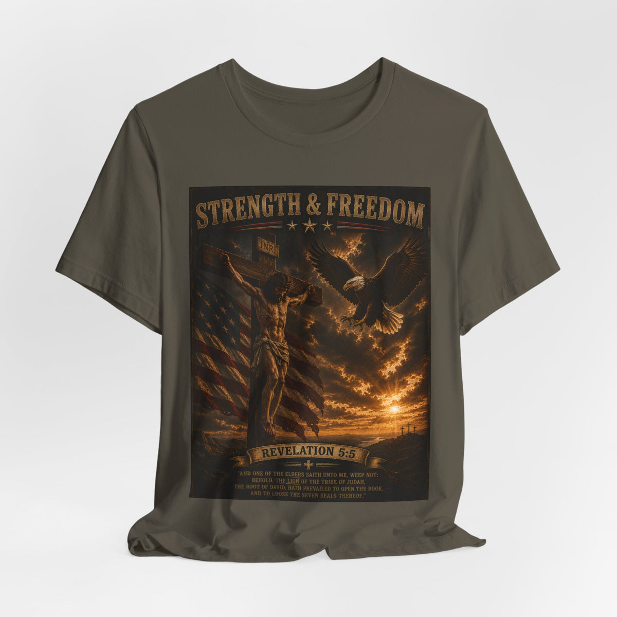 Strength & Freedom Christian T‑Shirt – Revelation 12:11 Eagle & Cross Faith Tee
