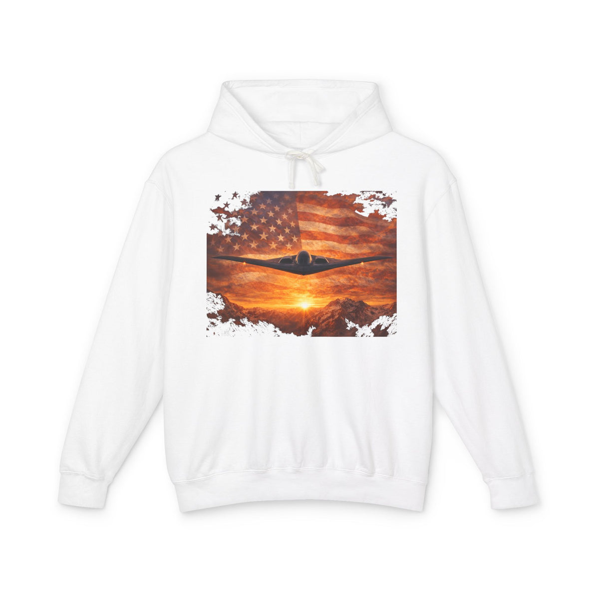 B-2 Stealth Bomber Flag Hoodie — American Aviation Sunset Pullover